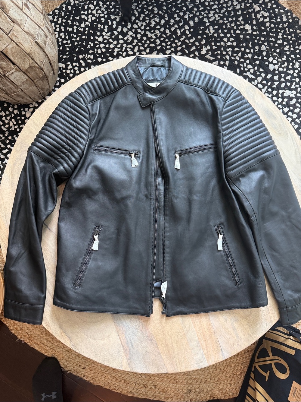 Black Quilted-Shoulder Leather Bomber Jacket